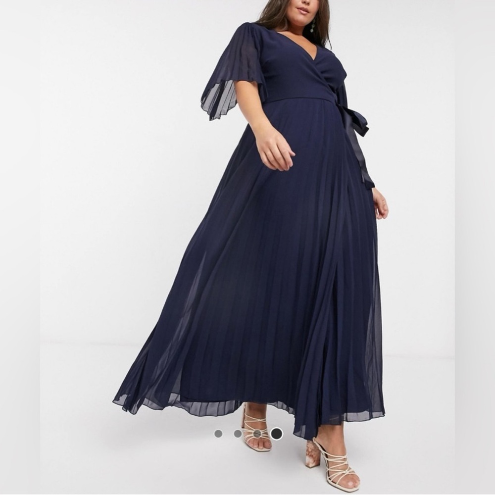 ASOS Curve Navy Blue Kimono Sleeve Tie Waist Pleated Maxi Gown w/Flutter Sleeves